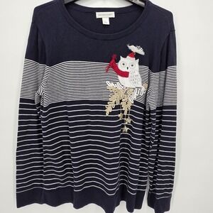Christopher & Banks Christmas‎ Embroidered Owl Christmas Sweater Striped Size L